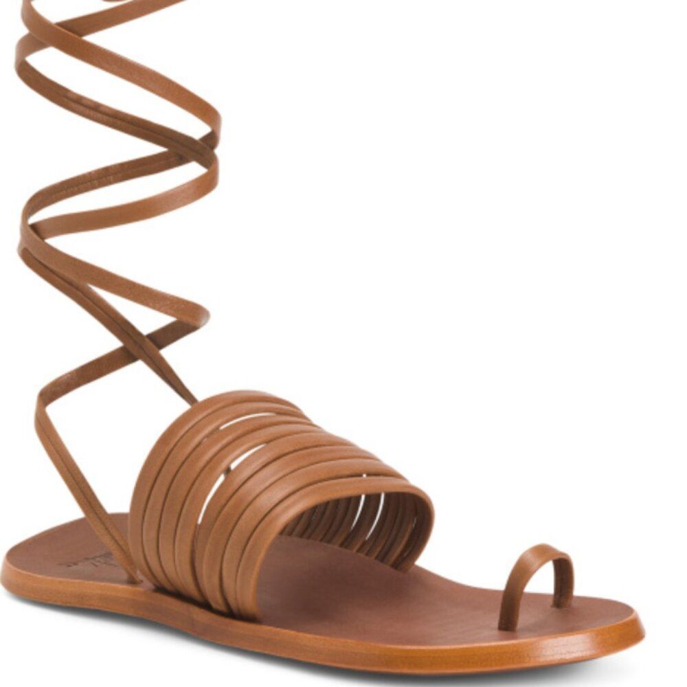 Beek Chickadee Leather Ankle Wrap Sandals Brown Cognac Size 6